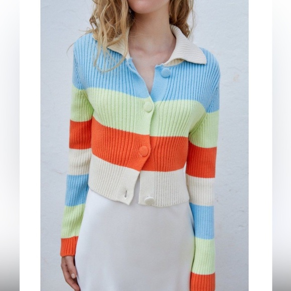 Zara Colorblock Striped Ribbed Knit Cropped Cardigan Sweater Size Small - Picture 9 of 9